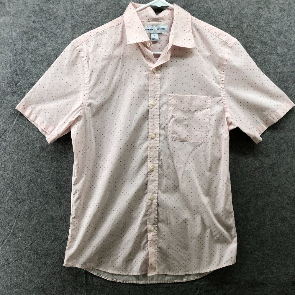 Old Navy Pink Shirt Mens S Short Sleeve Button Up Polka Dot Lightweight Stretch
